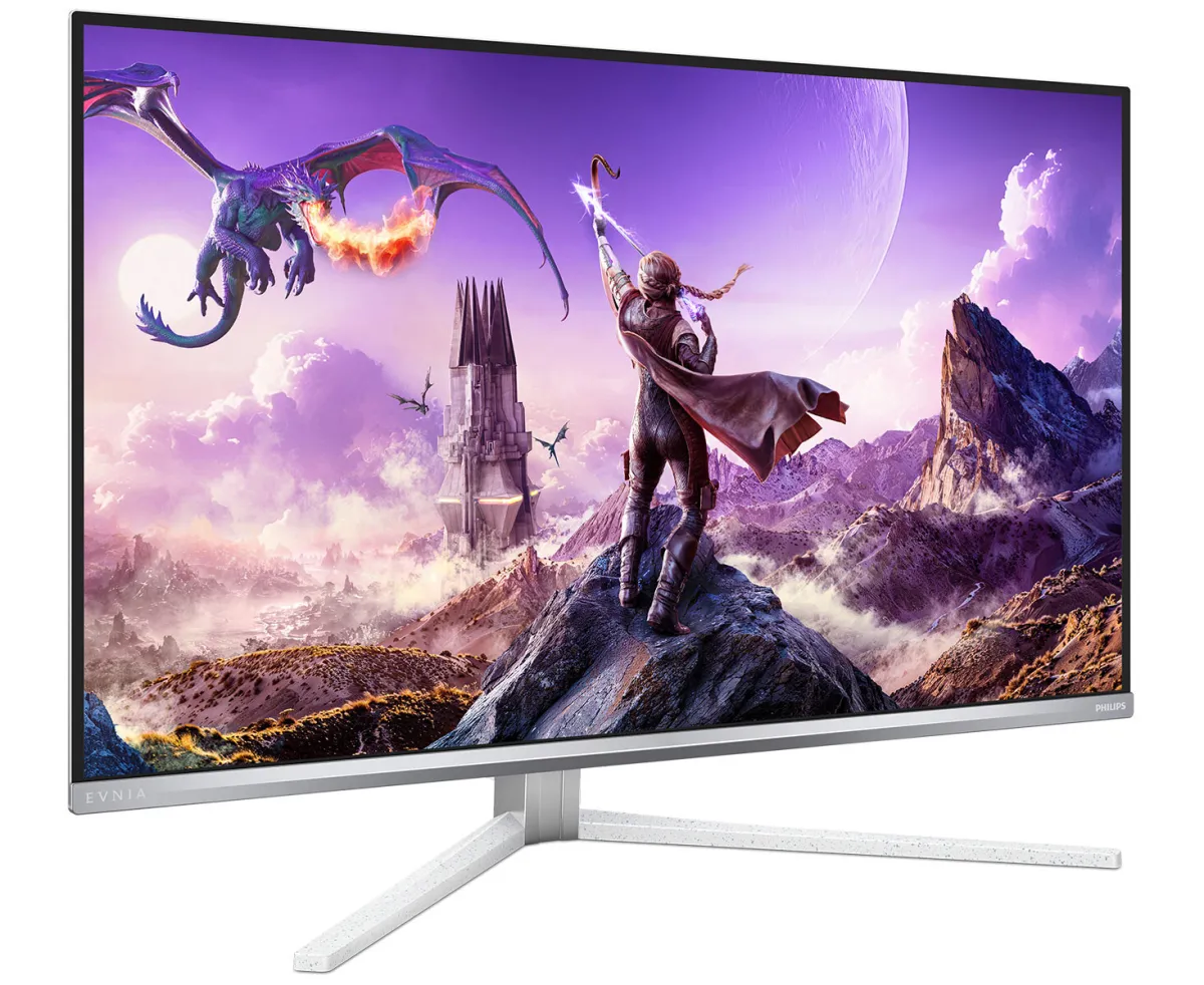 Front view of the Philips Evnia 32M2N8900P QD-OLED gaming monitor with its stand.