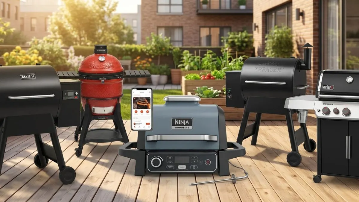 A smartphone displays real-time grill temperature data while a host manages cooking outdoors.