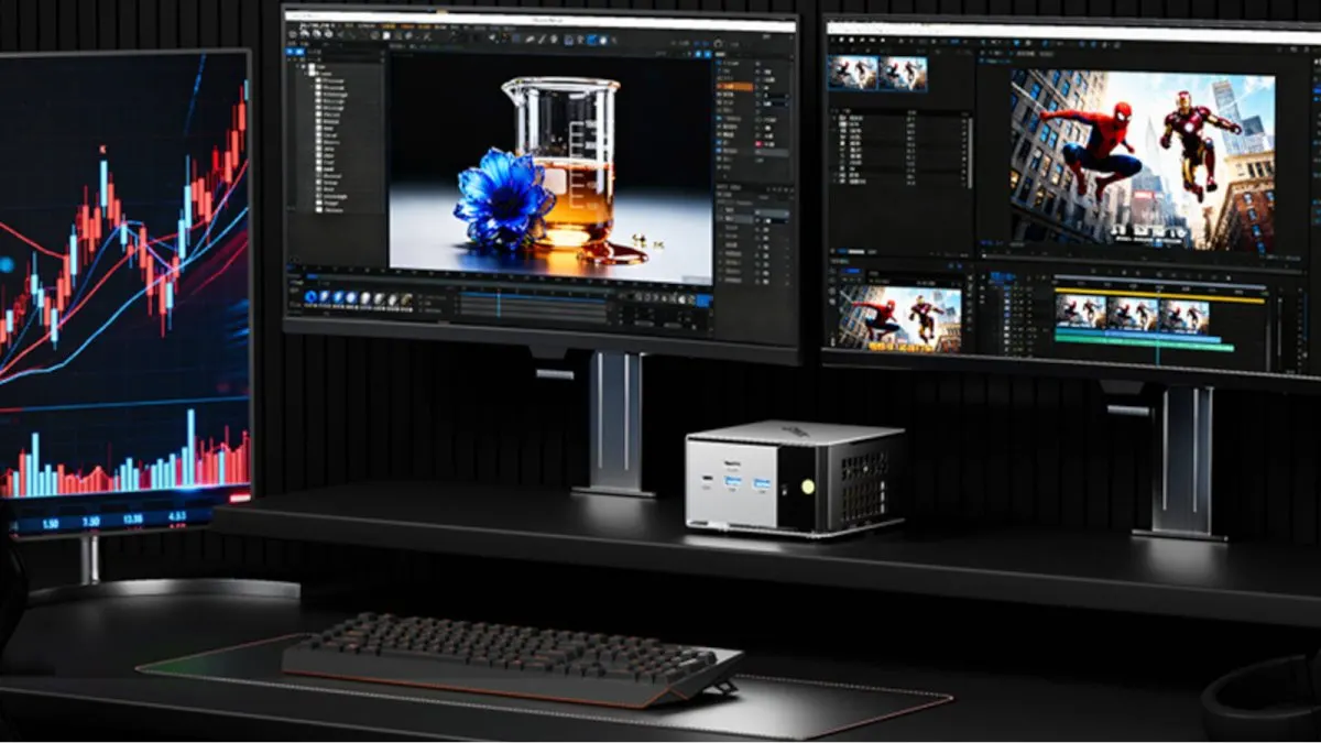 The GMKtec NucBox M8 mini PC displays a compact metal chassis and rear I/O ports.