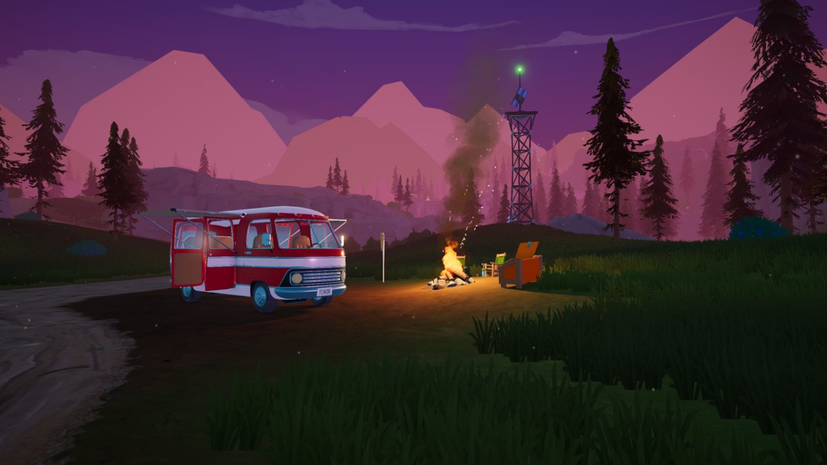 Gameplay screenshot showing a customized van parked in a quiet forest clearing during a survival exploration sequence.