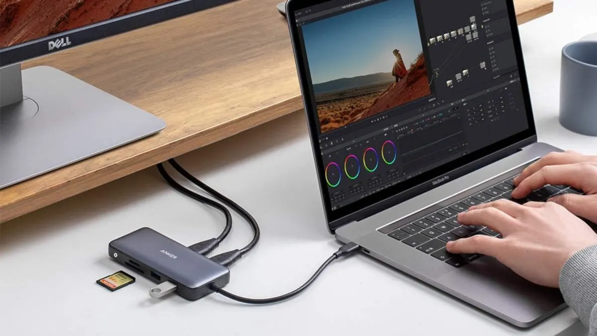 The Anker 8-in-1 USB-C hub features dual HDMI ports, USB-A connectors, an Ethernet jack, and SD card slots.