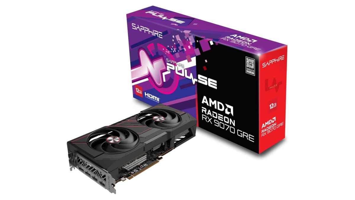 The photograph displays the new AMD graphics card and its retail packaging for the United States market.