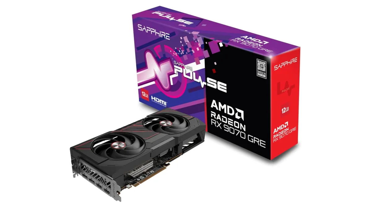 The photograph displays the new AMD graphics card and its retail packaging for the United States market.