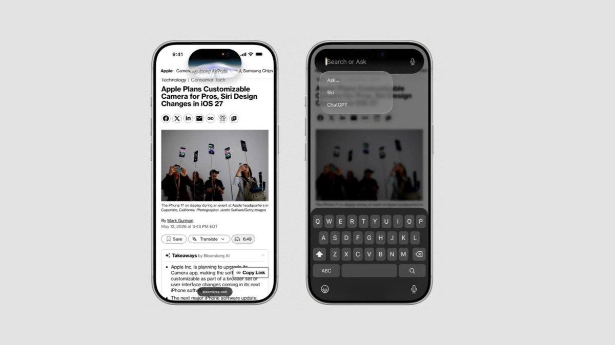 The interface displays Siri integrated with the Dynamic Island and a centralized search layout.