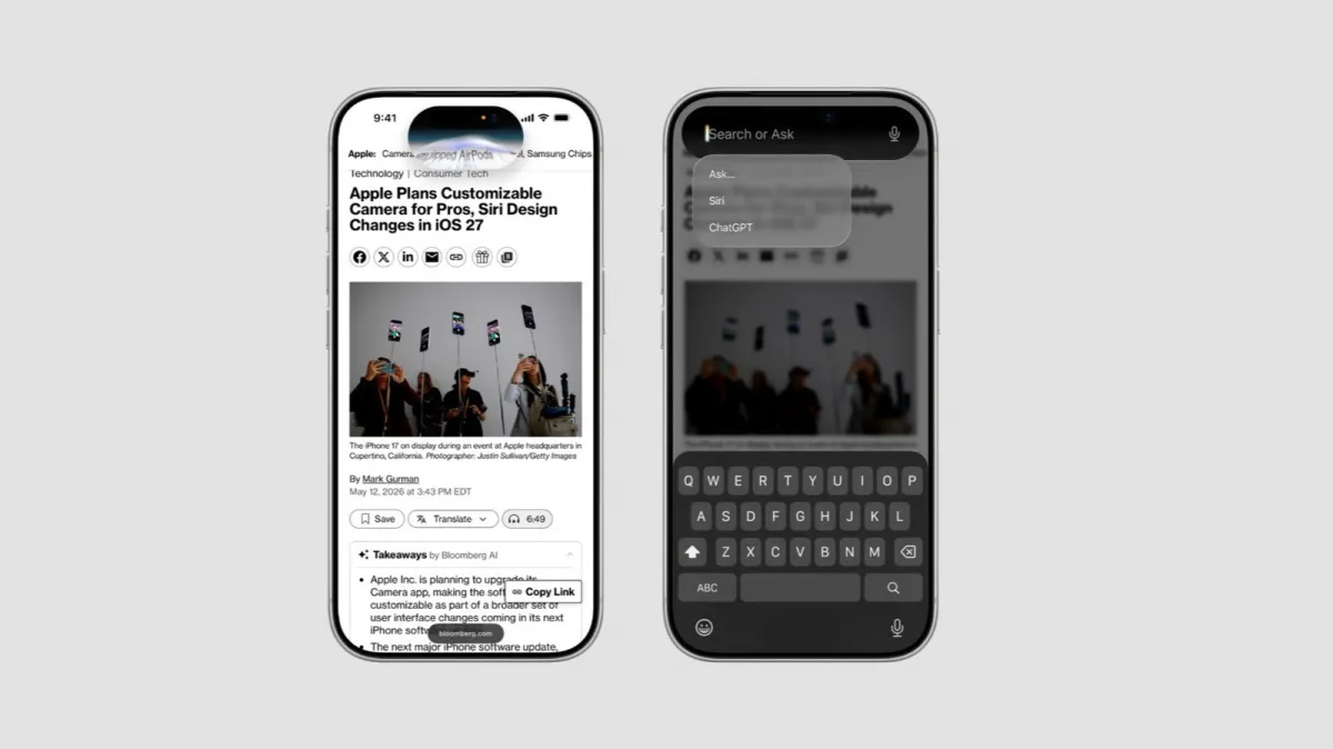 The interface displays Siri integrated with the Dynamic Island and a centralized search layout.
