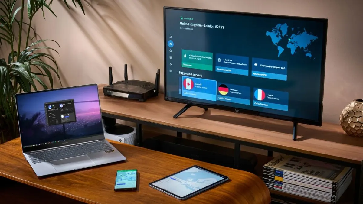 A laptop screen displays a live sports stream while an active VPN connection ensures data encryption.
