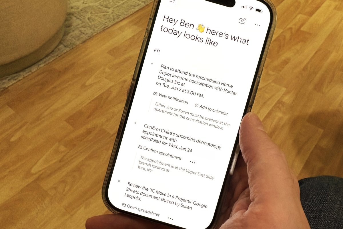 Google Gemini Daily Brief displays a structured task list compiled from emails and calendar events.