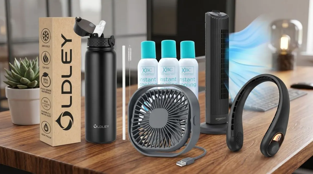 A compact desk fan provides cooling airflow on a professional workspace desk alongside office supplies.