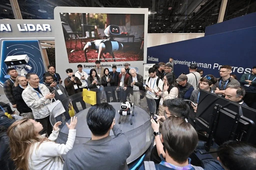 The Vbot SuperDog robotic companion is displayed at CES 2026 to demonstrate AI-integrated hardware.