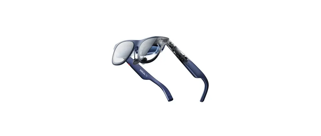 A person wears a wearable display headset that converts standard video into three dimensions.