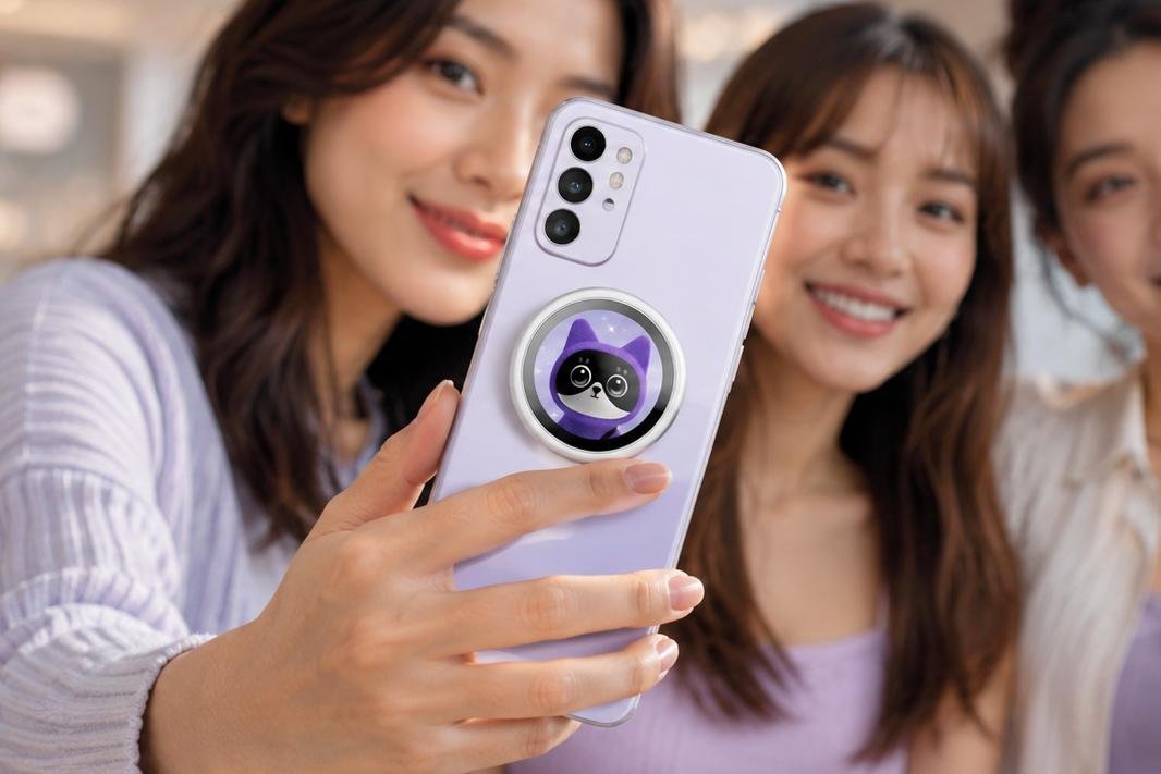 The Oppo Bubble is a thin round smartphone accessory that displays a live camera preview for rear camera selfies.