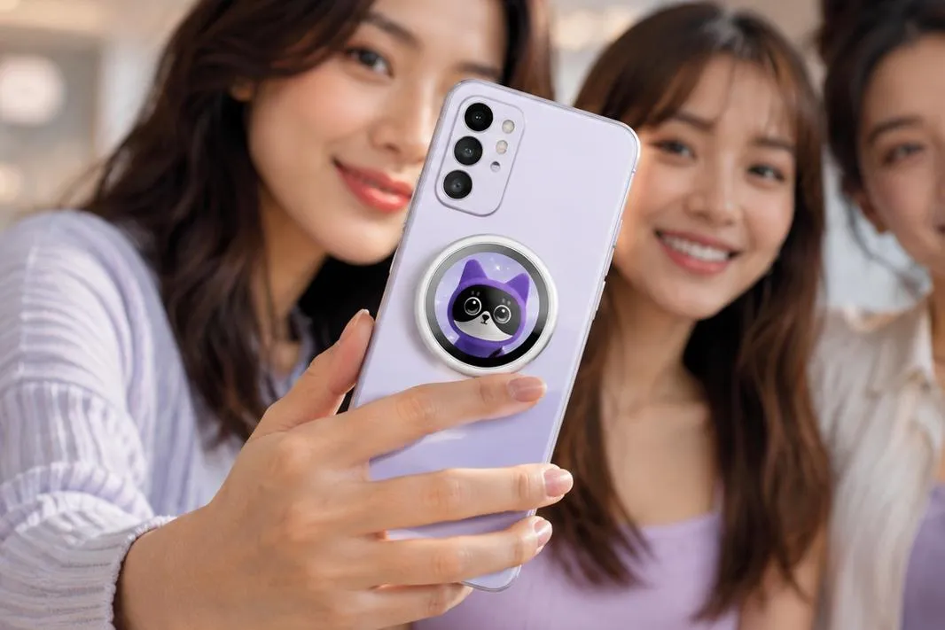 The Oppo Bubble is a thin round smartphone accessory that displays a live camera preview for rear camera selfies.
