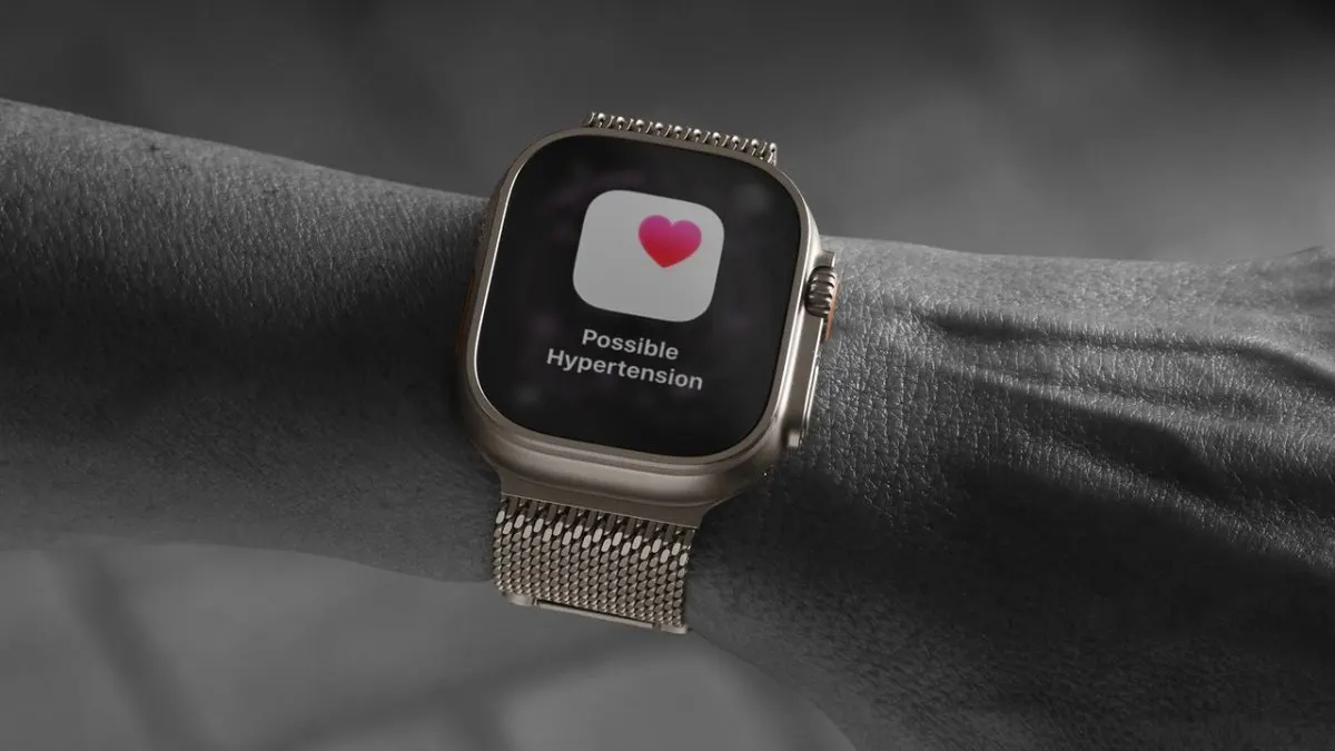 The Apple Watch Ultra 4 displays a blood pressure monitoring interface using updated optical sensors.
