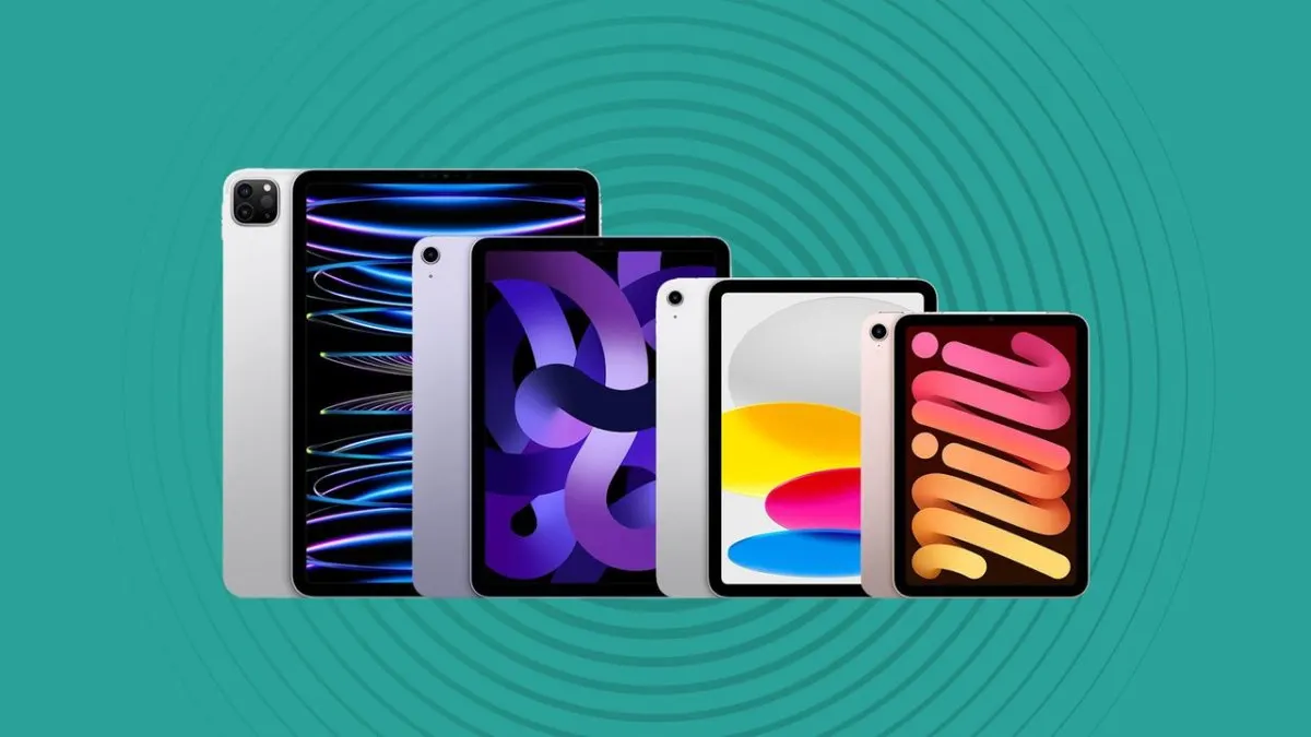 This graphic displays an Apple iPad lineup with the base 11-inch, Air 13-inch, Pro, and mini models arranged for comparison.