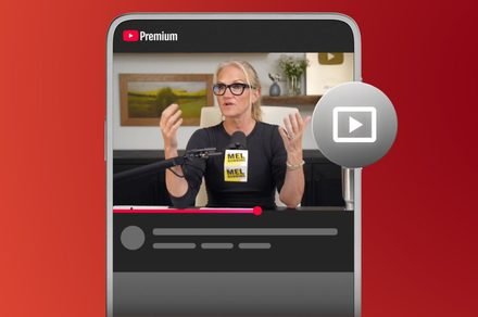 Mobile screen showing YouTube Premium podcast enhancements including hands-free audio and AI recommendations.