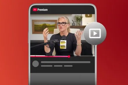 Mobile screen showing YouTube Premium podcast enhancements including hands-free audio and AI recommendations.