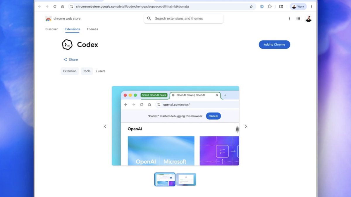 The OpenAI Chrome extension interface displays Codex platform integration features.