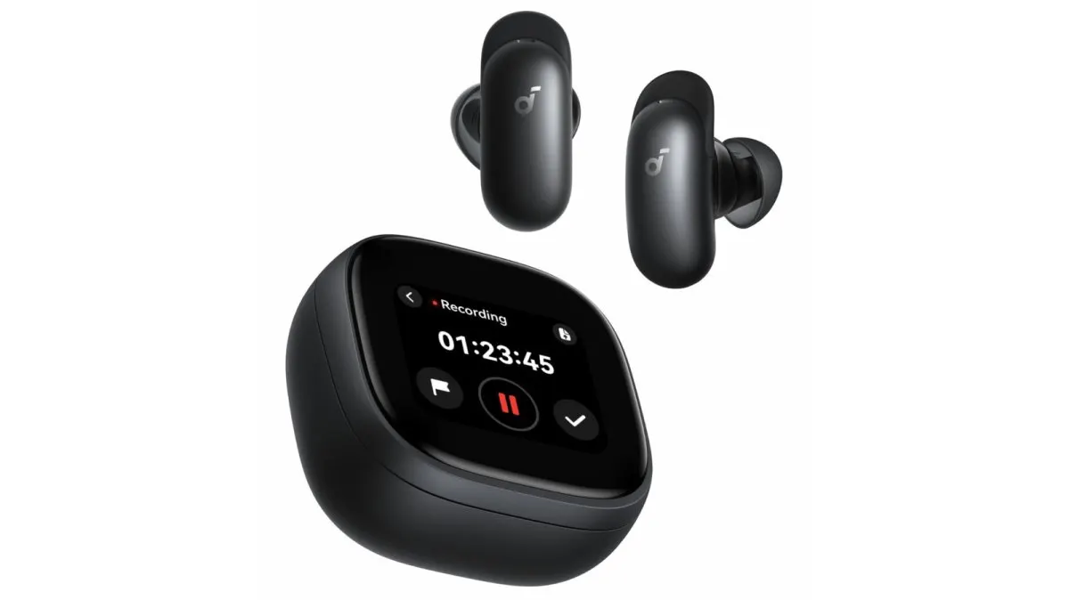 Soundcore Liberty 5 Pro earbuds and charging case with a dedicated AI chip for voice clarity and noise cancellation.