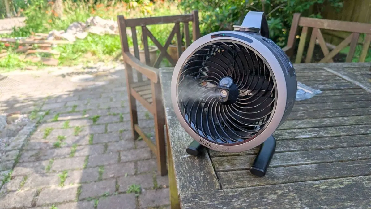The Shark FlexBreeze HydroGo portable fan features misting technology and directional airflow for indoor and outdoor cooling.