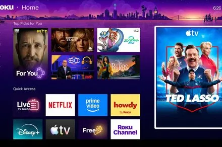 The updated Roku home screen interface displays streamlined navigation and consolidated subscription hubs.