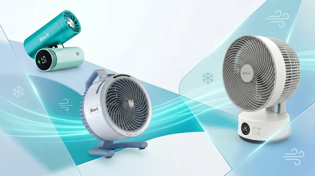 Budget electric fan models shown include the Shark FlexBreeze HydroGo, Shark ChillPill, and Meaco Sefte Pro.