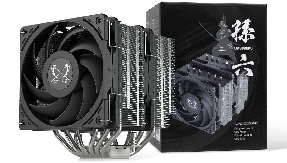 Scythe Magoroku dual fin-stack air cooler with nickel-plated copper base and six heatpipes.