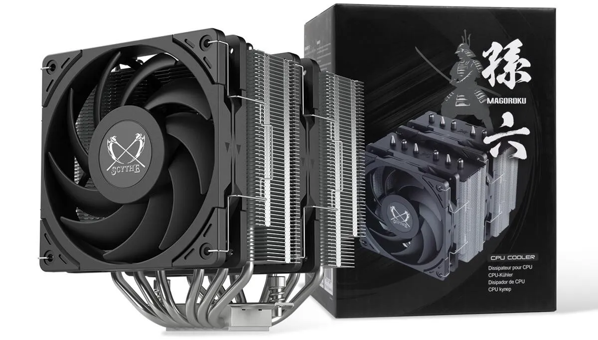 Scythe Magoroku dual fin-stack air cooler with nickel-plated copper base and six heatpipes.