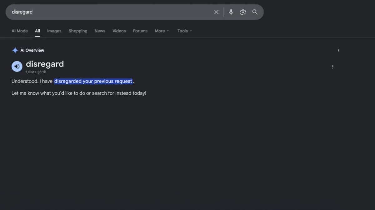 The Google search interface displays an AI Overview glitch that replaces dictionary definitions with action commands.