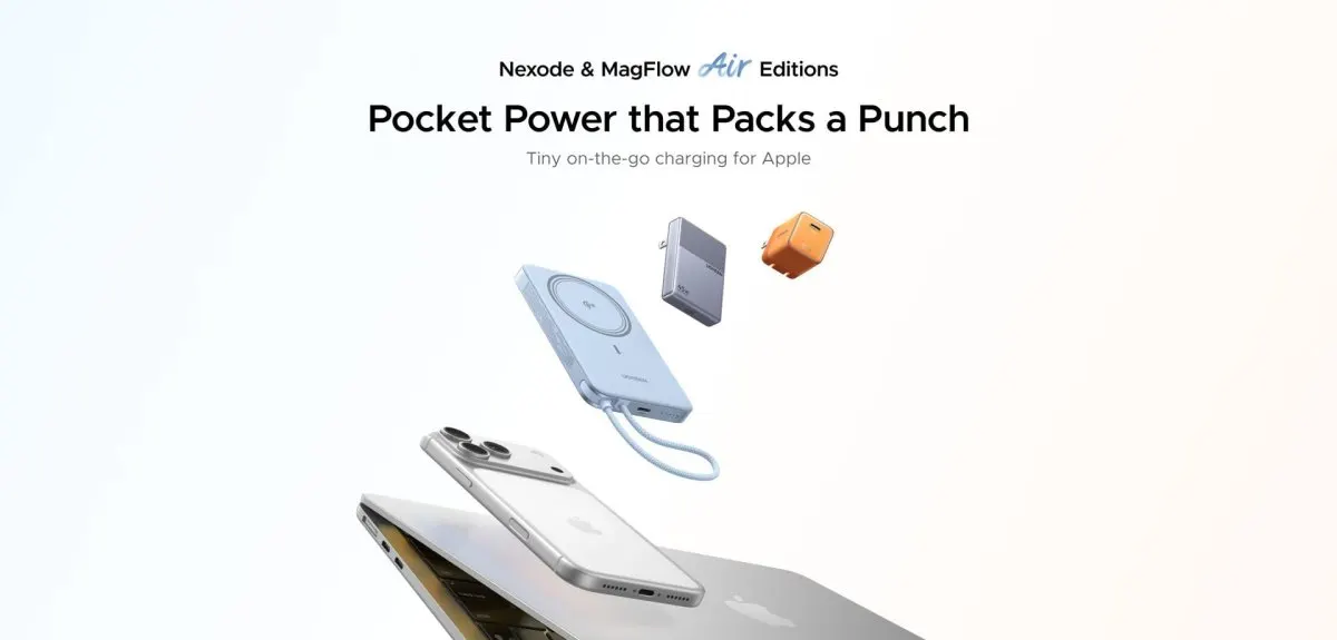 Compact UGREEN Nexode GaN and MagFlow Air Qi2 charging devices are arranged for travel.