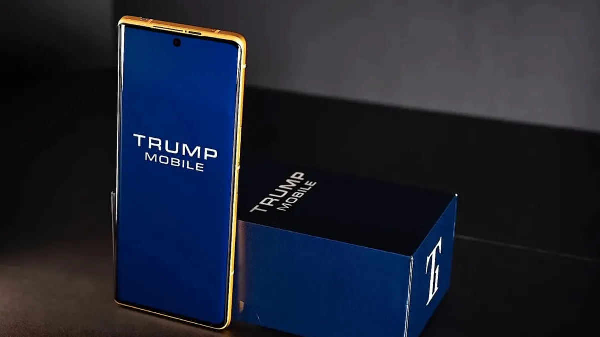 The Trump Mobile T1 smartphone is displayed alongside its packaging ahead of the delayed customer shipments.