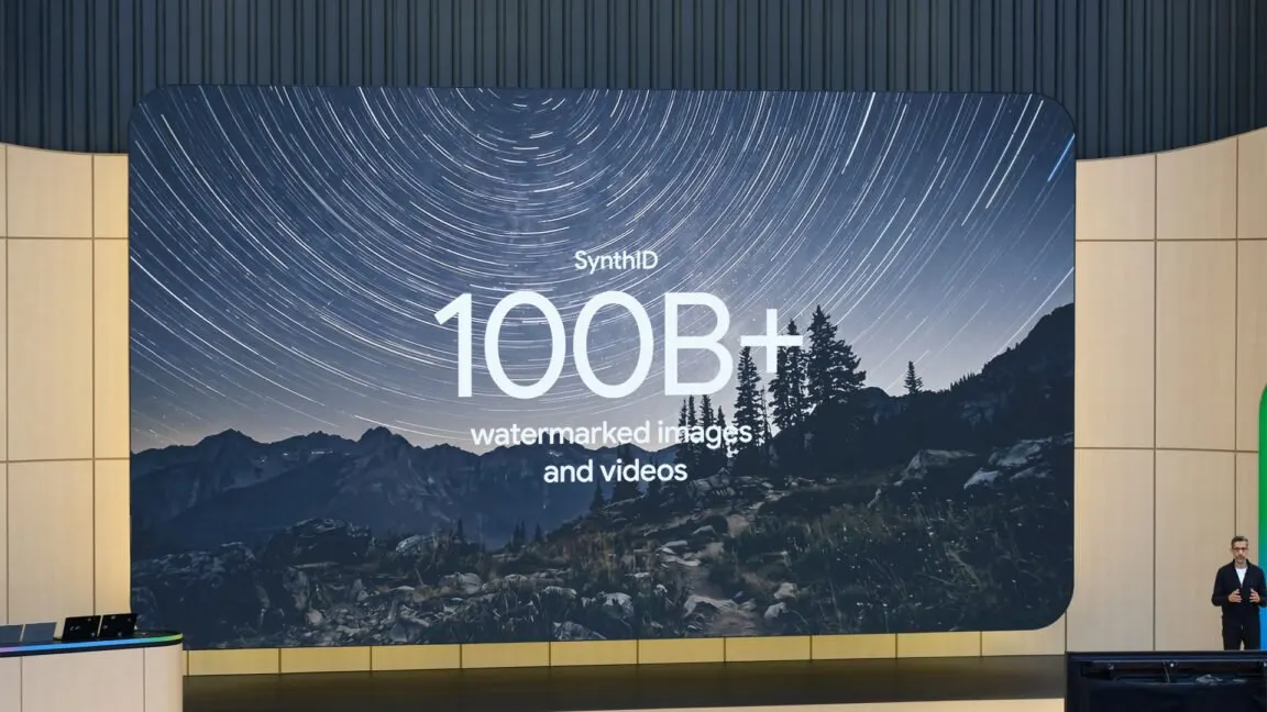 The graphic displays Google SynthID embedding invisible markers into AI-generated media for content verification.