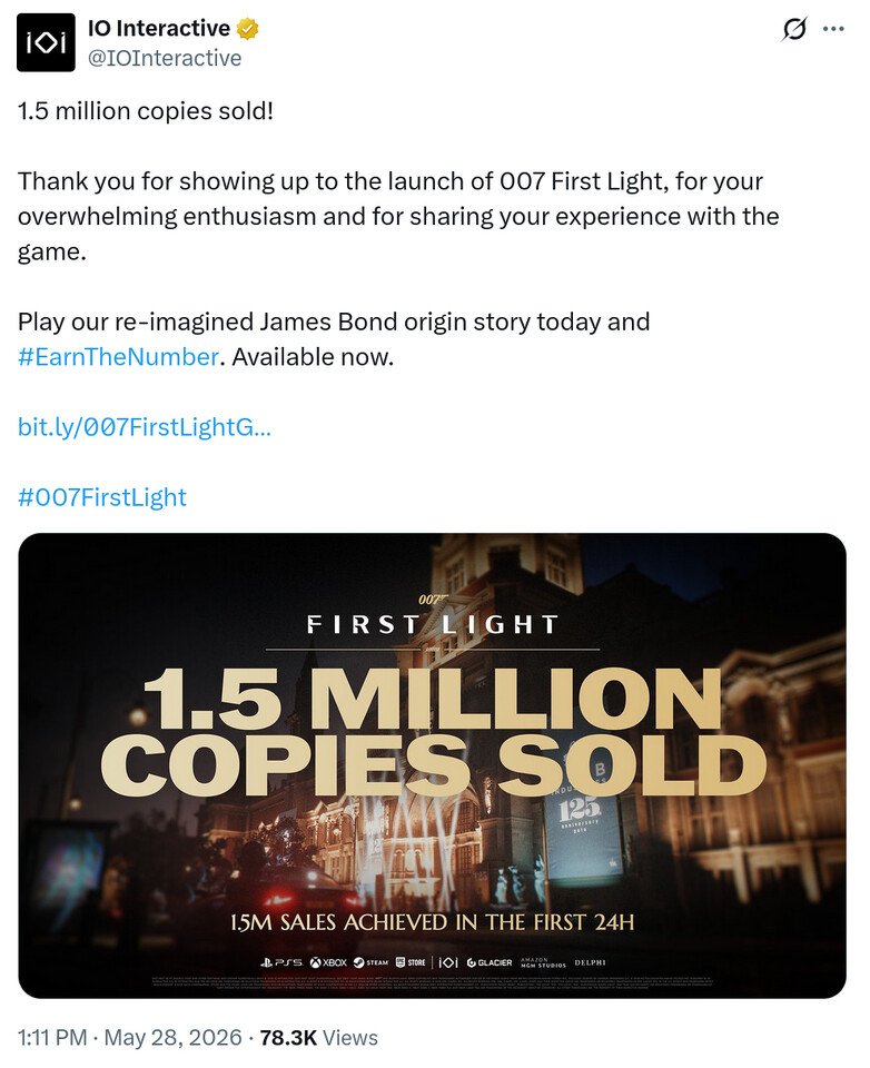 Graph displaying first day sales and concurrent player counts for the 007 First Light launch.