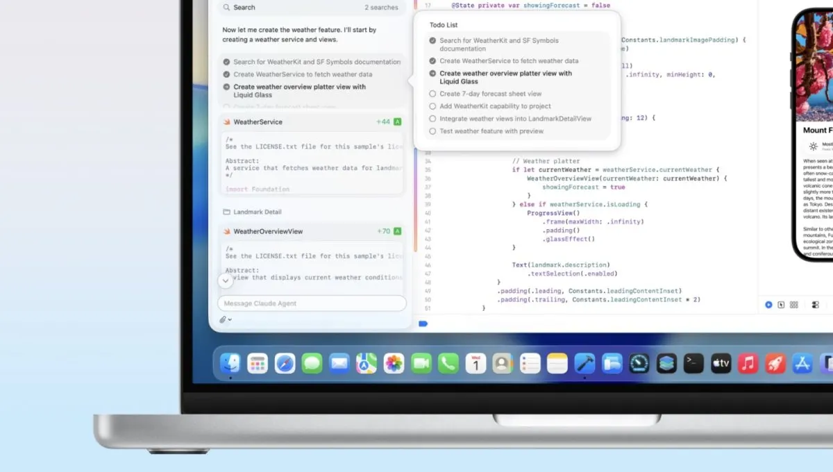 The Xcode interface displays agentic coding tools alongside Swift education resources and security updates.