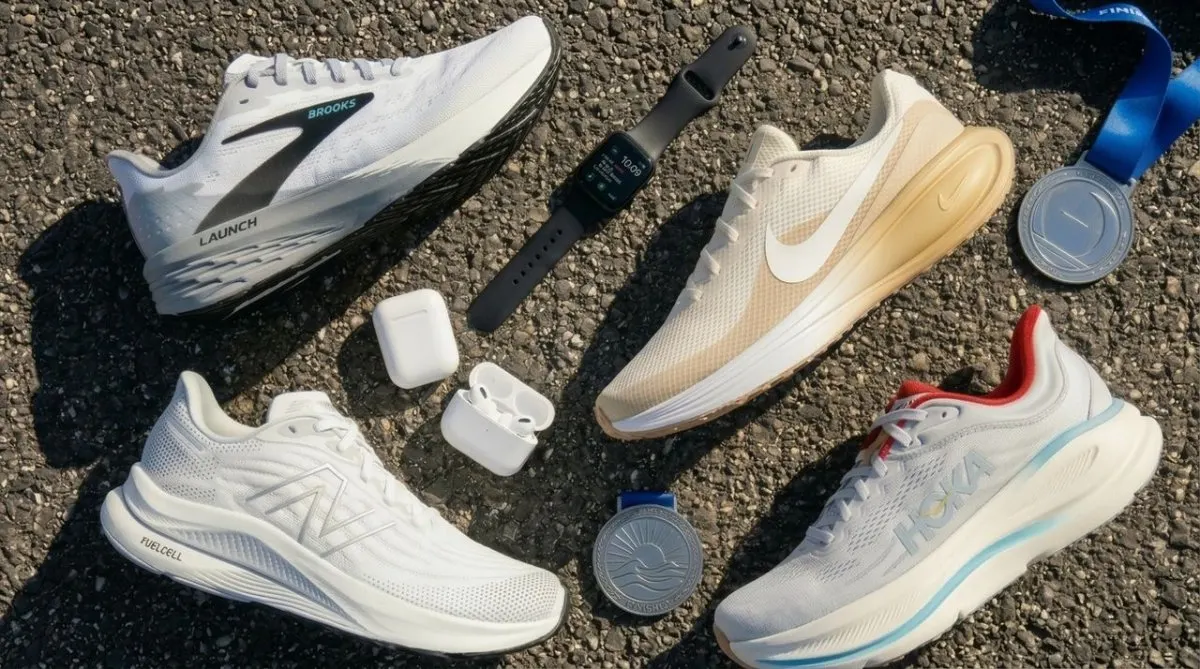 Various walking shoes from Brooks, Hoka, Nike, and Asics rest on a clean display surface.