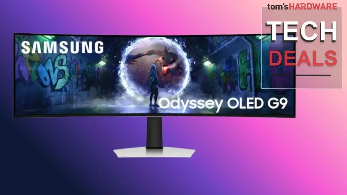 Front view of a 49-inch Samsung Odyssey OLED G9 curved gaming monitor with a slim bezel design.