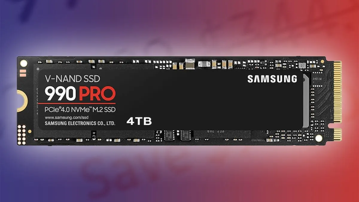 Samsung 990 Pro NVMe M.2 solid state drive unit and retail packaging.