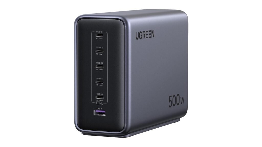 Six-port five-hundred-watt power adapter with multiple charging cables attached