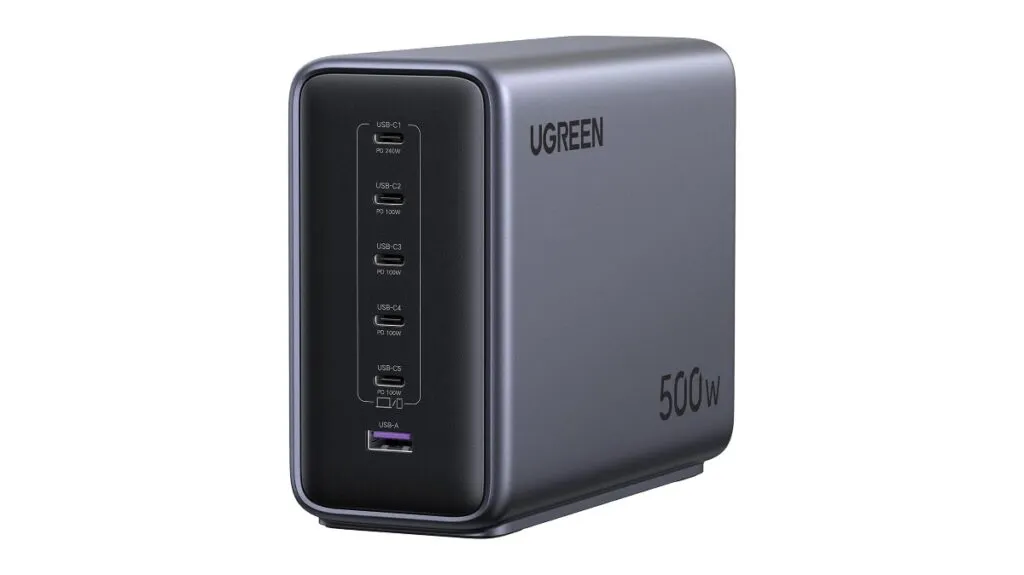 Six-port five-hundred-watt power adapter with multiple charging cables attached