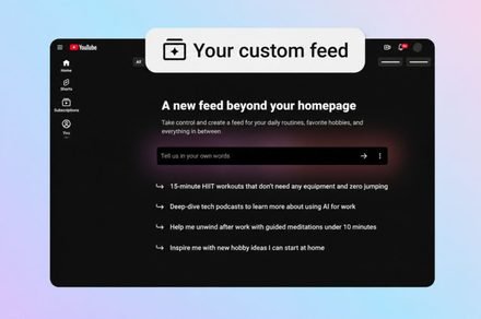 The YouTube Home feed interface shows a prompt chip for building custom video streams based on user interests.