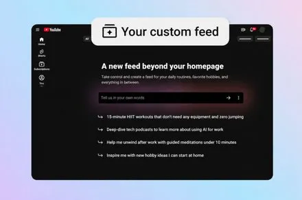 The YouTube Home feed interface shows a prompt chip for building custom video streams based on user interests.