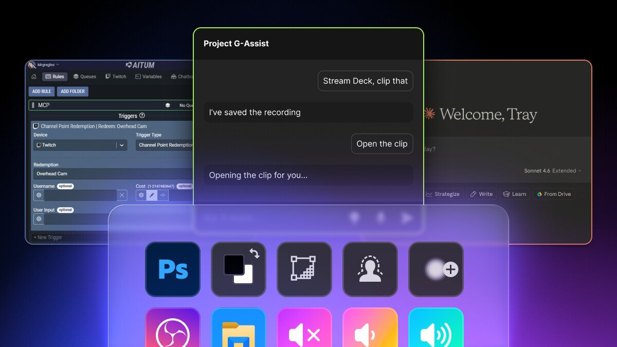 The Corsair Elgato Stream Deck hardware displays an AI agentic workflow integration interface.