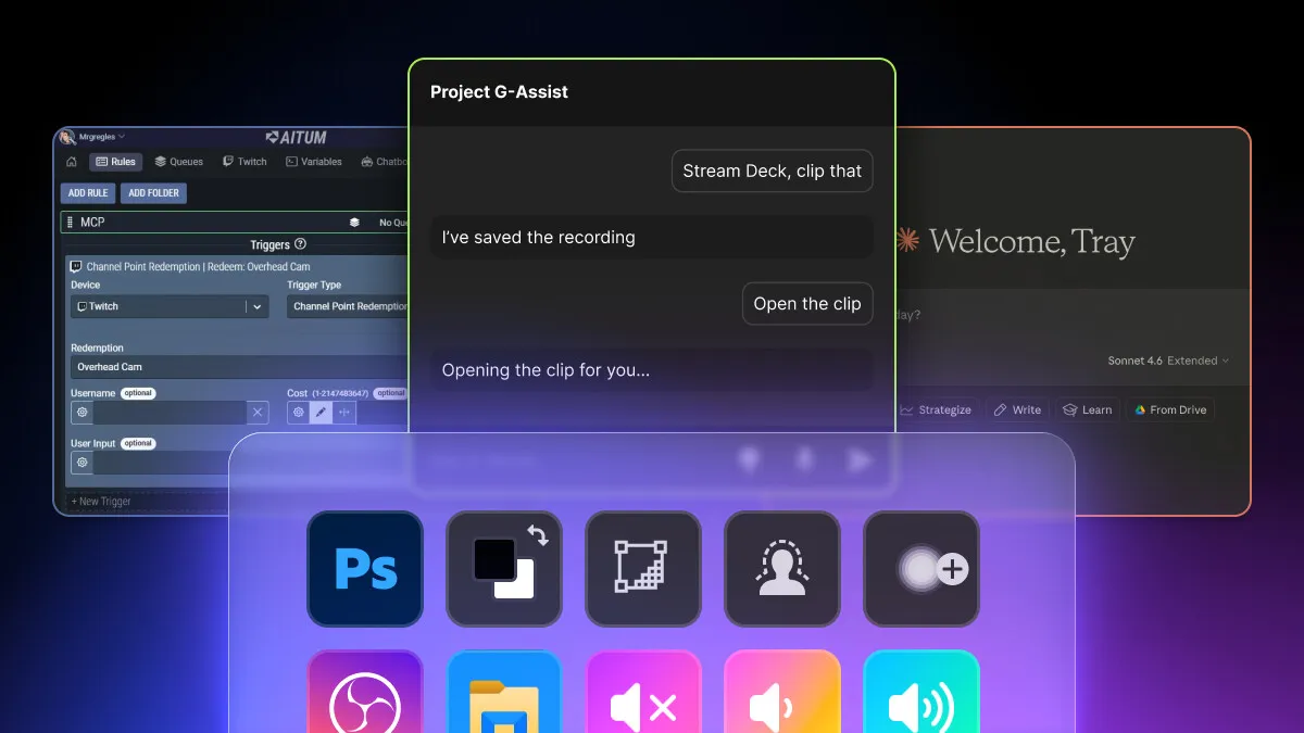 The Corsair Elgato Stream Deck hardware displays an AI agentic workflow integration interface.