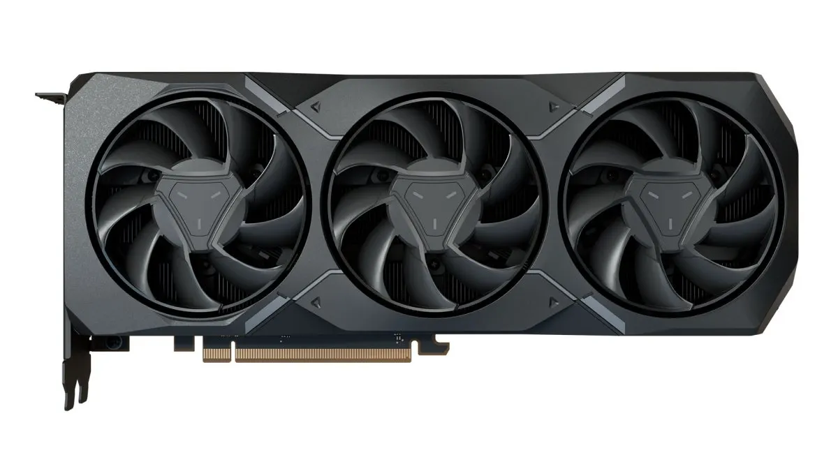 The AMD Radeon RX 7900 XT graphics card features a dual fan cooling design and a sturdy metal backplate.