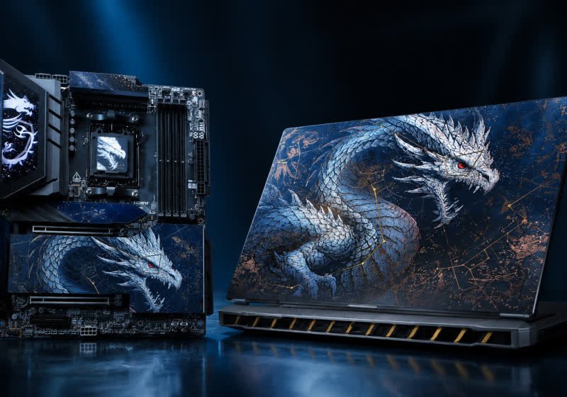 The lid of the MSI Titan 18 HX Dragon Edition laptop displays a metallic blue dragon, constellation lines, and gold accents.