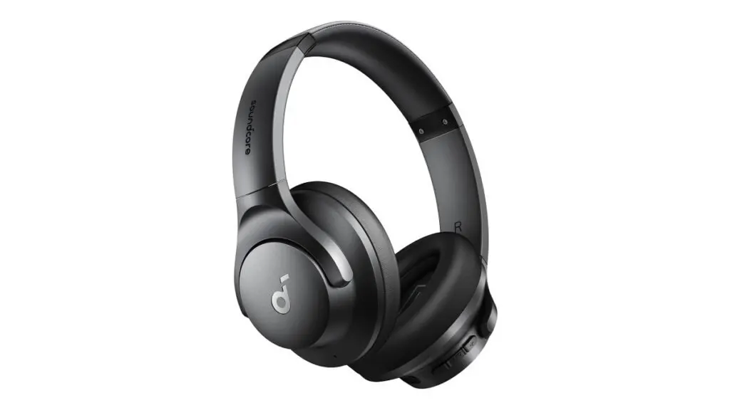 Anker Soundcore Q20i over-ear headphones displayed alongside a compact carrying case and USB cable