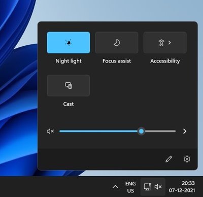 Windows 11 Quick Settings panel displaying the pencil icon for editing system toggles and options.