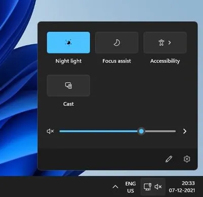 Windows 11 Quick Settings panel displaying the pencil icon for editing system toggles and options.