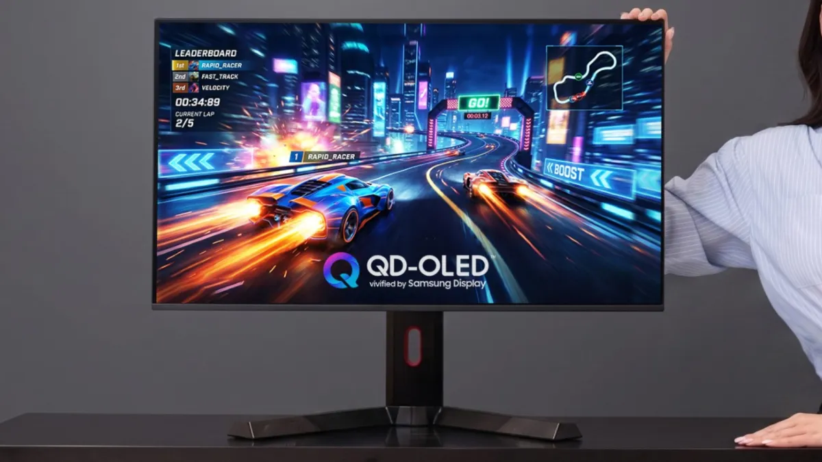 Samsung 32-inch 4K OLED panel with 360Hz refresh rate and V-stripe pixels.