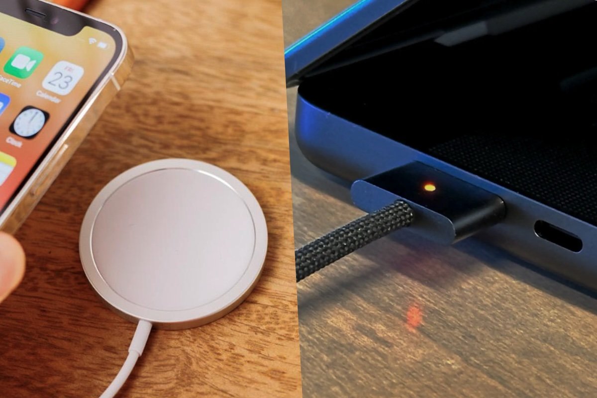 The Apple MagSafe system uses a magnetic connector and internal ring to align charging coils securely.