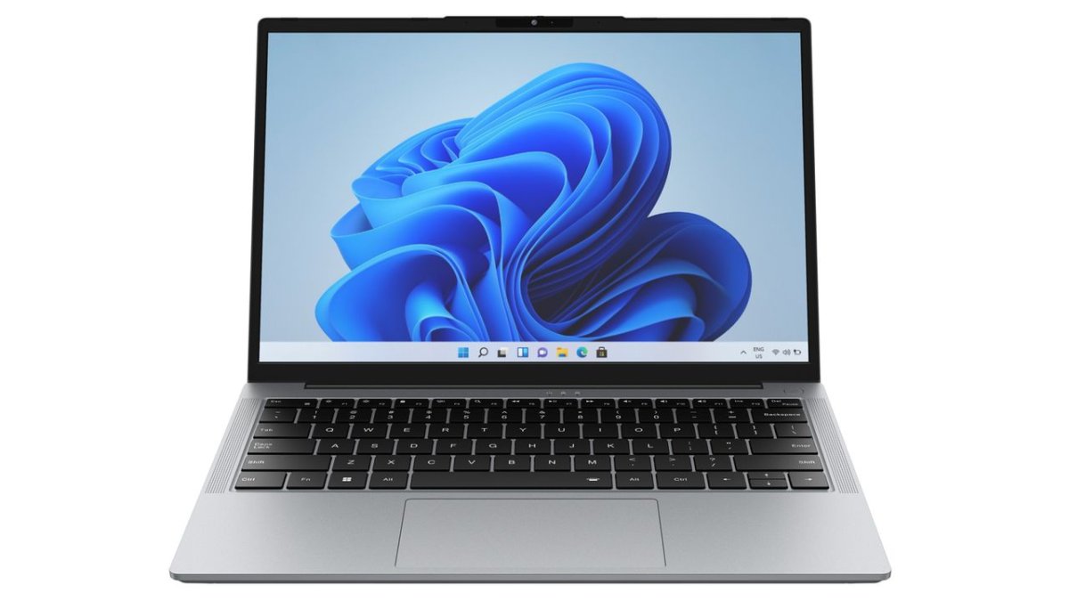 The Chuwi UniBook and MacBook Neo laptops are displayed side by side to compare their physical ports and screen quality.